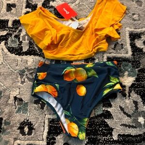 Yellow Ruffle Bikini Top and Fruit Print Bottoms